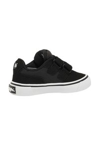 Black toddler sneaker with white sole, two hook-and-loop straps, and brand logo on heel and tongue.