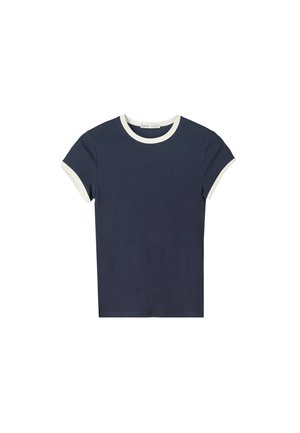 T-shirt in cotone blu navy con scollatura rotonda e maniche corte, caratterizzato da polsini e colletto color crema. Vestibilità classica, design semplice.