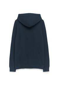 Felpa blu navy realizzata in tessuto morbido, dotata di cappuccio, maniche lunghe e polsini e orlo a coste. Design semplice senza motivi o dettagli.