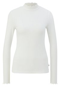 Bílý dlouhý rukáv top s vysokým volánkovým výstřihem a texturovanou ribbovanou tkaninou. Má přiléhavý střih a zvlněné manžety.