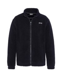 Giacca in fleece blu navy con zip frontale, colletto alto e maniche lunghe. Presenta una superficie morbida e testurizzata e un piccolo logo sul petto.