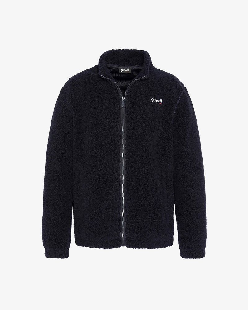 Giacca in fleece blu navy con zip frontale, colletto alto e maniche lunghe. Presenta una superficie morbida e testurizzata e un piccolo logo sul petto.