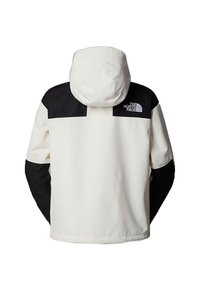 White and black hooded jacket featuring a two-tone design, with black accents on shoulders and sleeves, and a logo on the back.