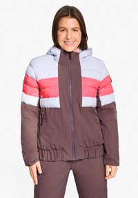 Padded jacket featuring purple, light blue, and red horizontal stripes. Includes a hood, front zipper, and elasticized hem and cuffs.