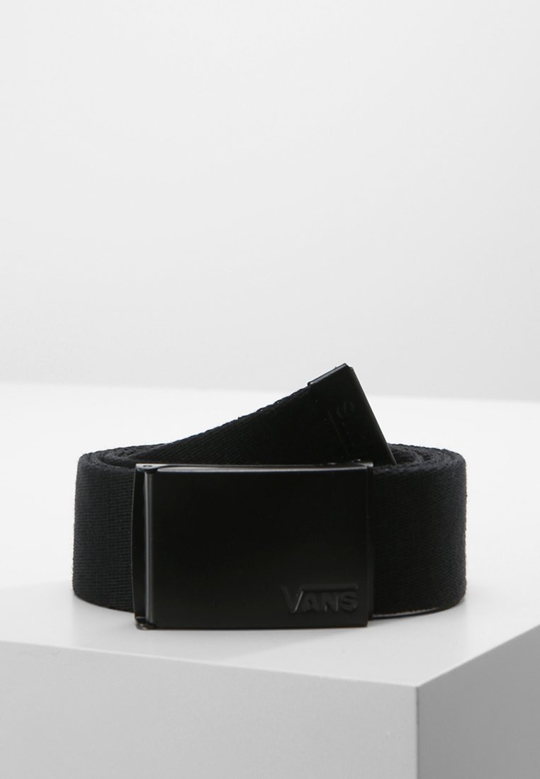 Black fabric belt with a rectangular black metal buckle, featuring a logo. The material is textured and woven for durability.