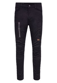 Černé cargo kalhoty s úzkým střihem, vybavené kapsou se zipem, prošitými detaily a texturovanou tkaninou. Obsahuj�í poutka na opasek a knoflíkové zapínání.