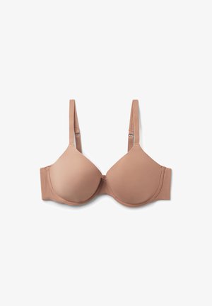 Beżowy stanik bezszwowy z wkładkami, regulowanymi ramiączkami i gładką strukturą, z klasycznym designem z fiszbinami.
