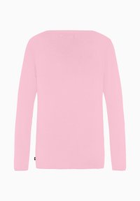 Langsleeve blouse van zacht roze katoen. Heeft een rechthoekige halslijn en een eenvoudig, naadloos ontwerp zonder zichtbare versieringen.