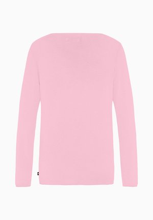 Langsleeve blouse van zacht roze katoen. Heeft een rechthoekige halslijn en een eenvoudig, naadloos ontwerp zonder zichtbare versieringen.