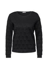 Svart långärmad sweatshirt med en texturerad yta med upphöjda diamantformer, rund hals och ribbade cuffs.