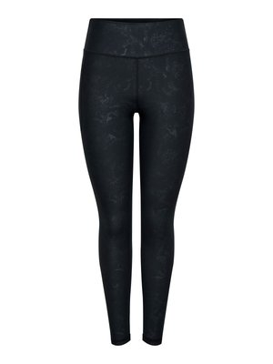 Black leggings with a high waistband, crafted from textured fabric featuring a subtle pattern, designed for activewear functionality.