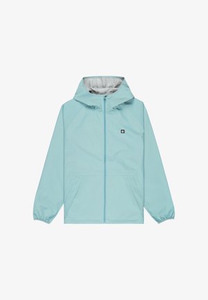 Jasnoniebieska kurtka z kapturem, zapinana na zamek z przodu, z elastycznymi mankietami, dwoma przednimi kieszeniami oraz małym kwadratowym logo na lewej piersi.