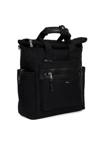 Zaino nero in nylon con dettagli in pelle, dotato di un compartimento principale, tasca frontale con zip e tasca laterale. Due maniglie superiori.