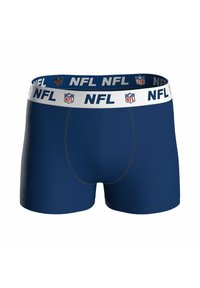 Bóxer ajustado azul marino con una tela elástica, que presenta una cinturilla blanca con la marca "NFL" y un logo. Incluye acentos de costura gris.