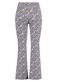 Pantalon évasé avec un fond foncé orné d'un motif floral multicolore. Confectionné en tissu doux avec une coupe stretch.