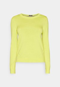 Lime green, long-sleeve sweater with a round neckline, made of lightweight knit fabric. Features subtle side seams for a fitted look.