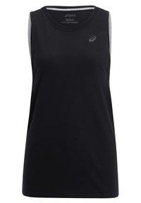 Černý bezrukávový sportovní top vyrobený z lehké tkaniny; má kulatý výstřih, decentní logo na hrudi a hladký povrch.
