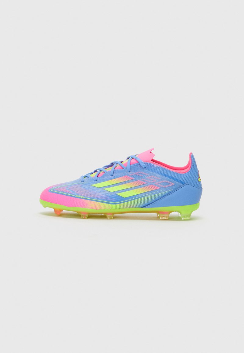 Soccer cleat with a blue upper, pink accents, and a green sole. Textured design with neon elements. Seven shortened studs on the bottom.