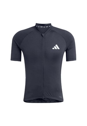 Schwarzes kurzärmliges Radtrikot mit Frontreißverschluss und weißem Logo. Hergestellt aus einem glatten, dehnbaren Stoff für Komfort und Passform.