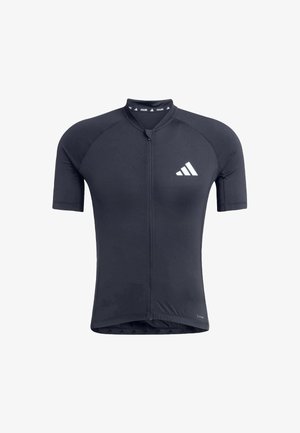 Maglia da ciclismo nera a maniche corte con zip frontale e logo bianco. Realizzata in un tessuto liscio ed elastico per comfort e vestibilità.