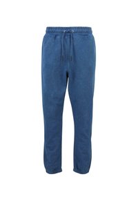 Blue sweatpants with an elastic waistband, drawstring closure, and tapered legs. Made from soft fabric with a slightly textured surface.