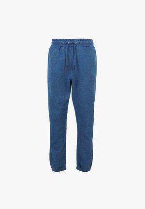Blue sweatpants with an elastic waistband, drawstring closure, and tapered legs. Made from soft fabric with a slightly textured surface.
