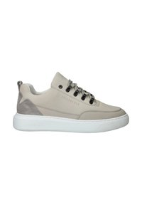 Lichtgrijze sneaker met glad leer en suède accenten, ronde neus, platte witte zool en zwarte oogjes met vetersluiting.