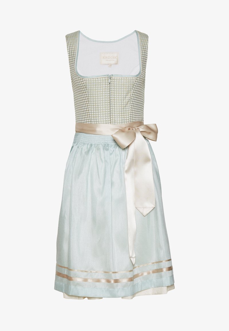 Robe sans manches avec un corsage en pied-de-poule, une fermeture éclair à l'avant, une jupe bleu pâle et un large nœud en satin noué à la taille côté droit.
