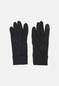 Guantes negros hechos de un material elástico y suave. Las características incluyen una zona de agarre texturizada en la palma y un diseño ajustado.