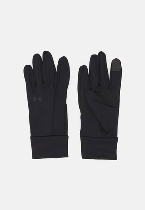 Guantes negros hechos de un material elástico y suave. Las características incluyen una zona de agarre texturizada en la palma y un diseño ajustado.