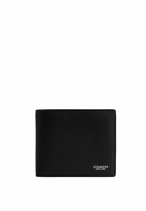 Cartera negra de cuero con doble pliegue y el logo "Coach New York" en relieve blanco en la esquina inferior derecha.