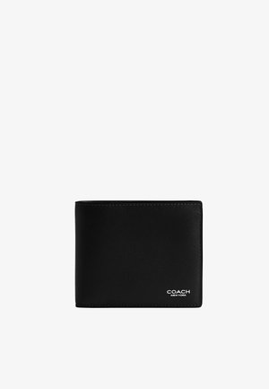 Black leather bifold wallet with "Coach New York" logo embossed in white on the lower right corner.