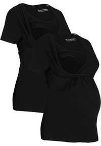 T-shirt da maternità neri con collo a barca, maniche corte e dettaglio arricciato sul lato per una vestibilità comoda e tessuto elastico.