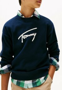 Ragazzo che indossa un maglione blu navy con il logo bianco "Tommy" sopra una camicia a scacchi verde e blu, pantaloni beige, mani in tasca.