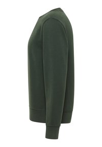 Zielona bluza z bawełnianej mieszanki, z okrągłym dekoltem, długimi rękawami, ściągaczami na mankietach oraz prostym wzorem bez widocznych nadruków.