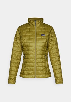 Olive green insulated jacket with a quilted pattern, high collar, front zip, and side pockets. Features a brand logo on the chest.