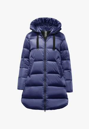 Cappotto imbottito blu navy, isolato, con cappuccio, dotato di zip frontale e lacci neri. Il design include sezioni trapuntate distintive.