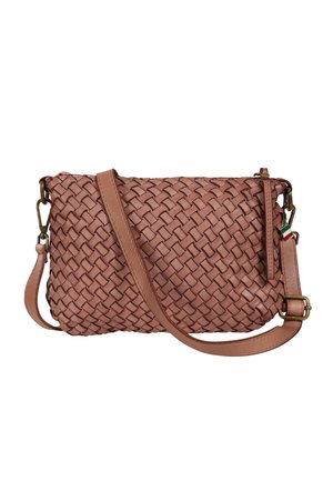 Brown leather crossbody bag with woven texture, adjustable strap, zipper closure, and small Italian flag detail on the zipper pull.