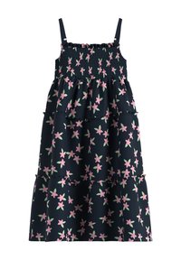 Marineblaues Kleid mit floralen rosa und grünen Mustern, gerafftem Oberteil, dünnen Trägern und geschichteten, rüschierten Volants am Rock.