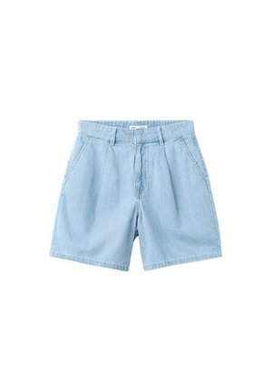 Lichtblauwe denimshorts met plooien aan de voorkant, zijzakken, riemlussen en een ritssluiting.