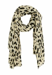 Bufanda con estampado de leopardo en crema con manchas negras y naranjas. Textura suave, bordes deshilachados y una caída versátil para estilizar.