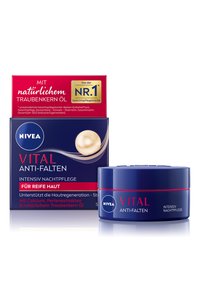 NIVEA VITAL Anti-Falten cream in a navy blue jar with red accents, paired with a matching box featuring white and gold text.