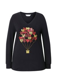 Schwarzes Langarm-V-Ausschnitt-T-Shirt mit einem Design von Heißluftballons, das aus bunten Herzen in rot, gold und gelben Glitzer-Akzenten besteht.