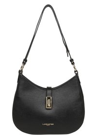 Sac à main en cuir noir avec une forme arrondie, des accessoires dorés et un fermoir avant. Surface texturée avec le logo "Lancaster Paris" affiché.