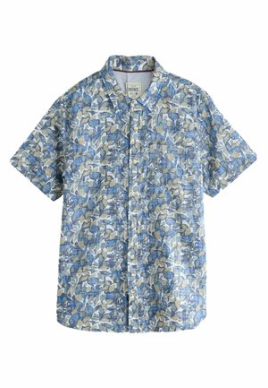 Short-sleeve button-up shirt, blue with white and tan floral pattern, featuring a classic collar and left chest pocket.