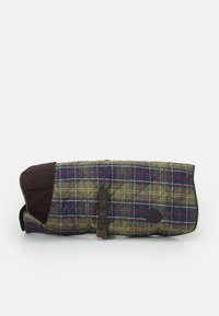 Casaco de cão acolchoado em padrão xadrez verde e azul-marinho com linhas amarelas. Gola de veludo castanho, faixa ajustável e um patch de logotipo lateral.