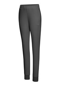 Gray sweatpants with an elastic waistband, side pockets, and cuffed hems; features a logo on the lower leg. Made from soft, breathable fabric.