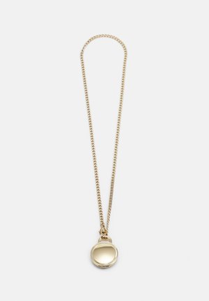 Gold-tone chain necklace with a round, smooth, polished locket pendant against a white background.