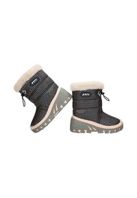 Zwarte gestreepte winterlaarzen hebben een faux fur kraag, een rubberen zool met een grijs ontwerp en een trekkoord voor een verstelbare pasvorm.