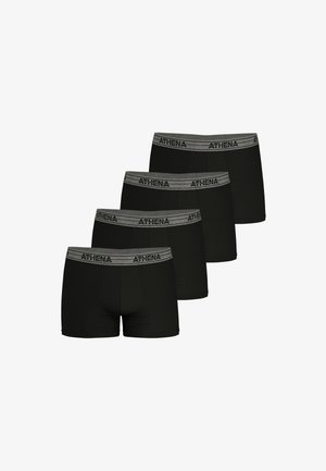 Boxer shorts en coton noir avec une ceinture élastique grise portant le texte "ATHENA" en noir. Vendu par lot de quatre.